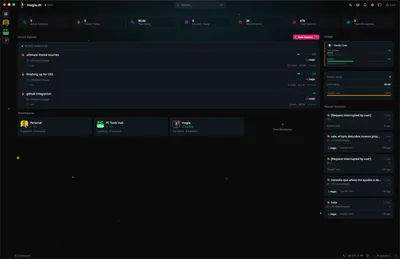 Magia desktop app showing the dashboard with active agents, workspaces, and usage stats